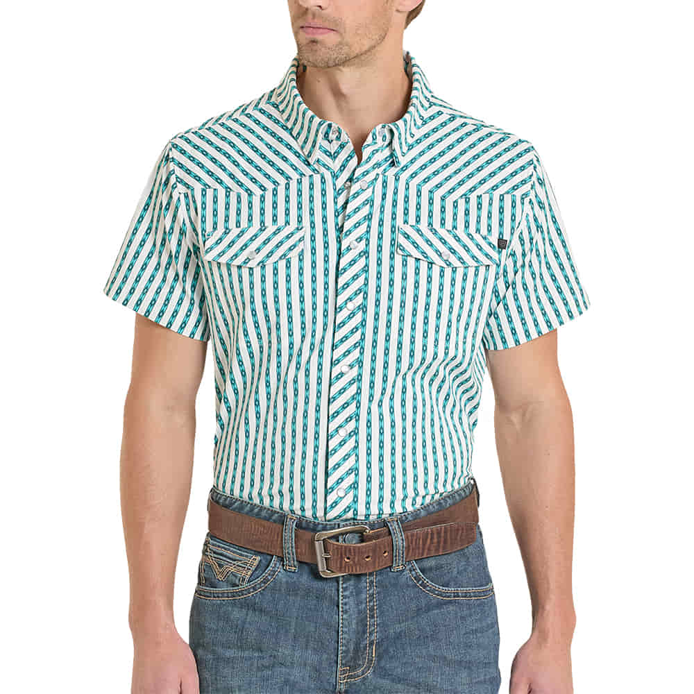 Rock & Roll Cowboy Apparel Rock & Roll Cowboy Men's Turquoise Micro Aztec Printed Stripe TEK Western Shirt