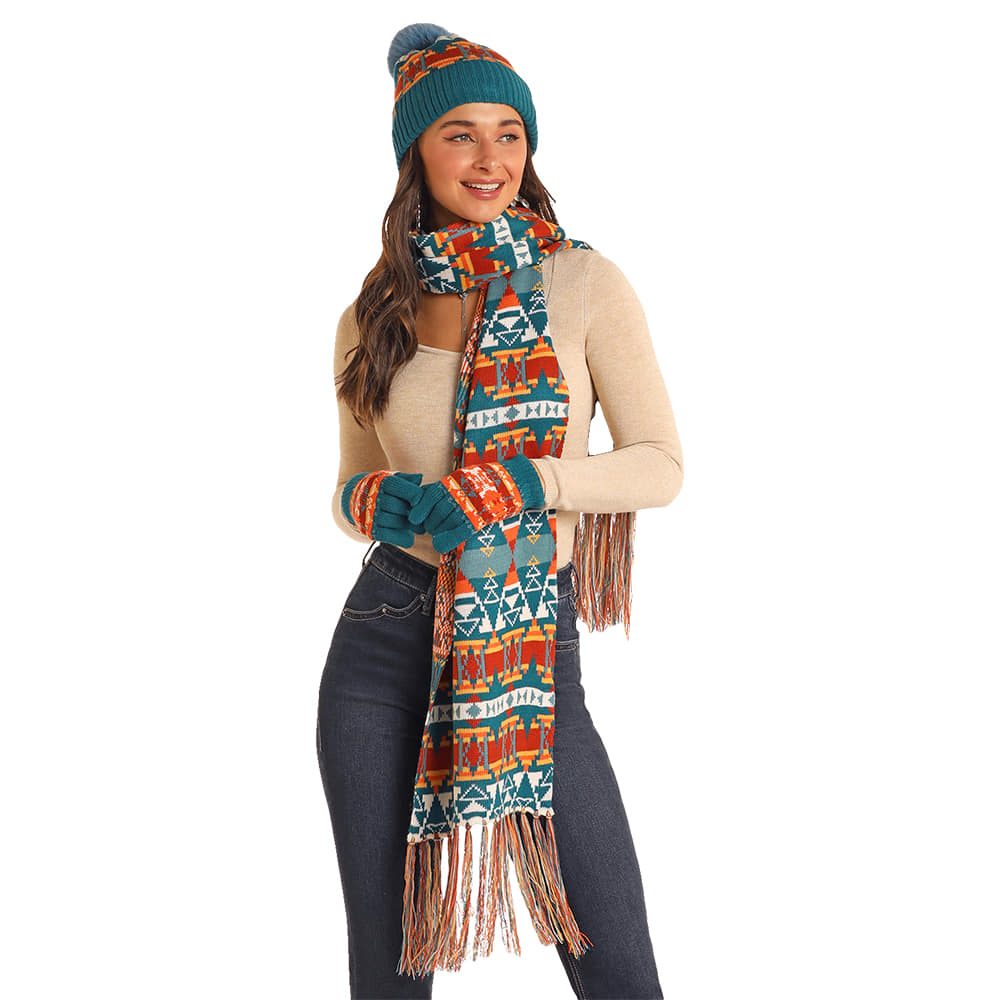 Rock & Roll Cowgirl Apparel OSFA Rock And Roll Women's Teal Aztec Scarf Set