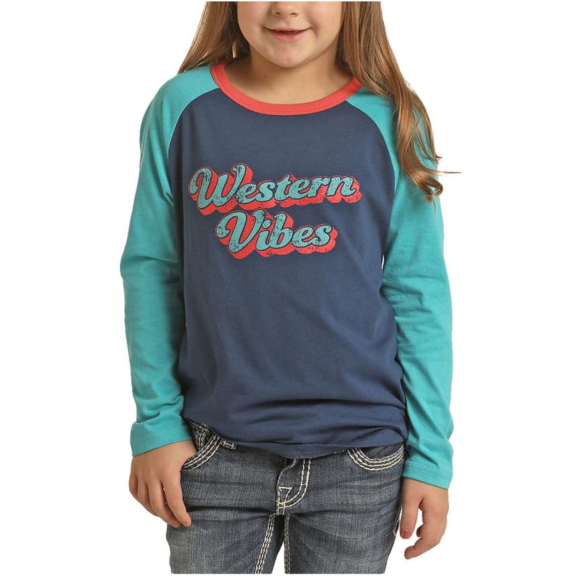Rock & Roll Cowgirl Apparel Rock and Roll Cowgirl Western Vibes Teal Navy Girl's Tee