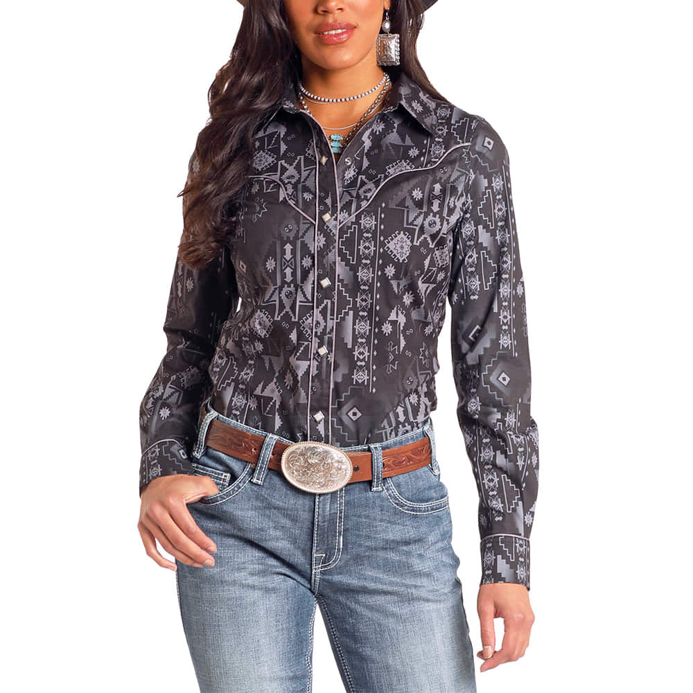 Rock & Roll Cowgirl Apparel Rock And Roll Women's Black Long Sleeve Snap Aztec Print Shirt