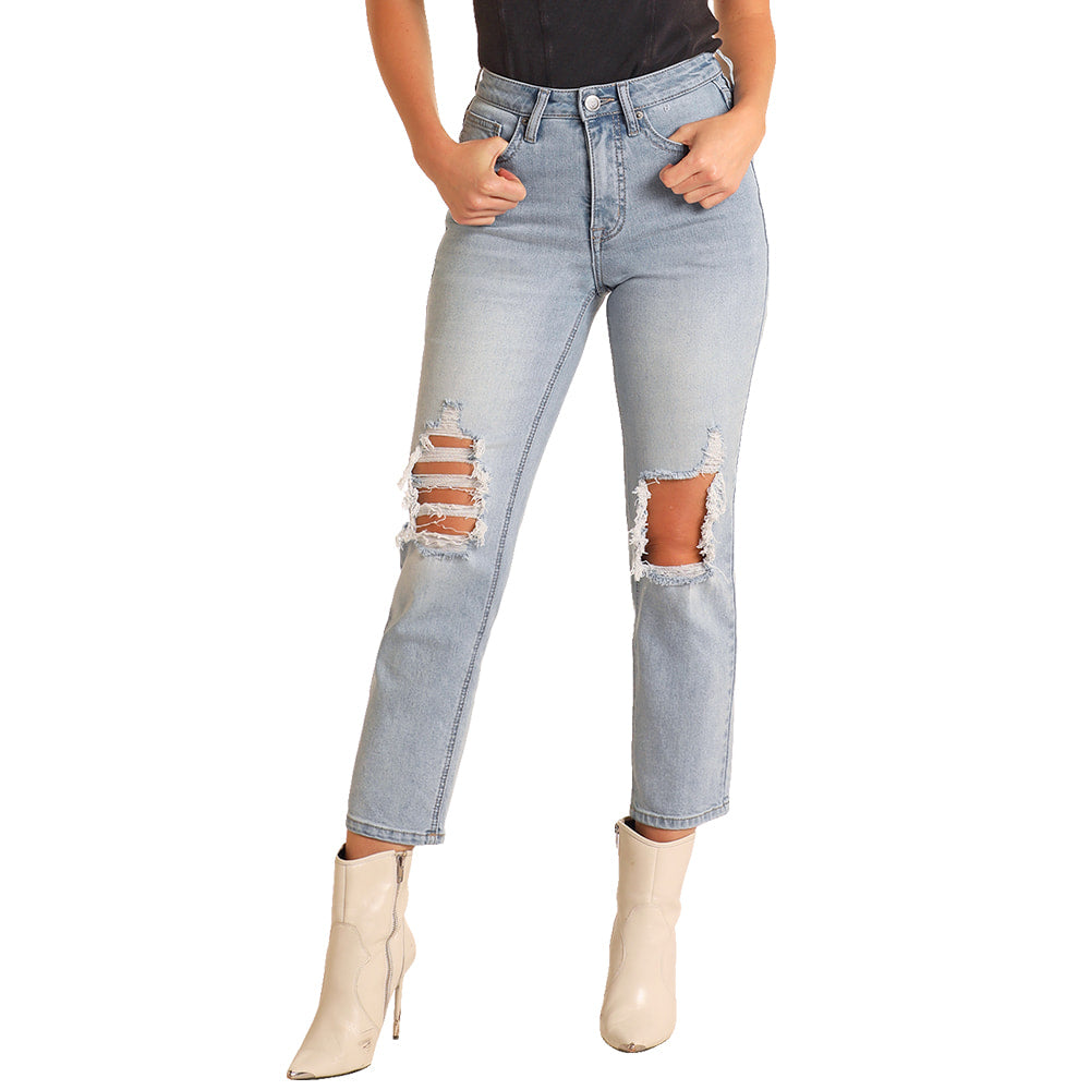 Rock & Roll Cowgirl Apparel Rock & Roll Cowboy Women's Straight Cropped Jean In Light Wash