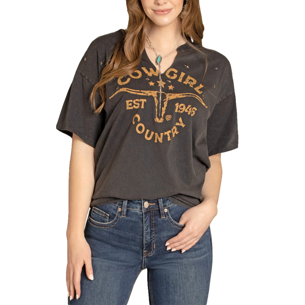Rock & Roll Cowgirl Apparel Rock & Roll Cowgirl Distressed Wash Longhorn Graphic Women's Tee