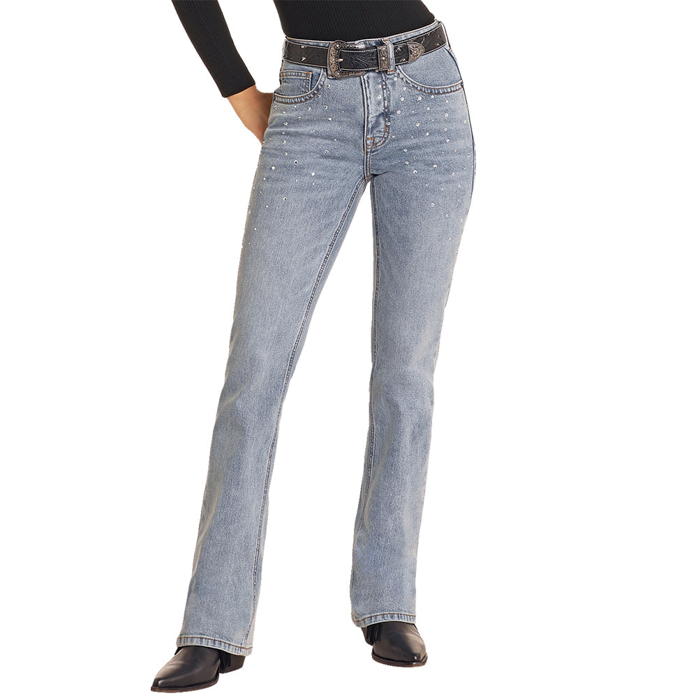 Rock & Roll Cowgirl Apparel Rock & Roll Diamond Stud High Rise Bootcut Women's Jeans In Light Wash