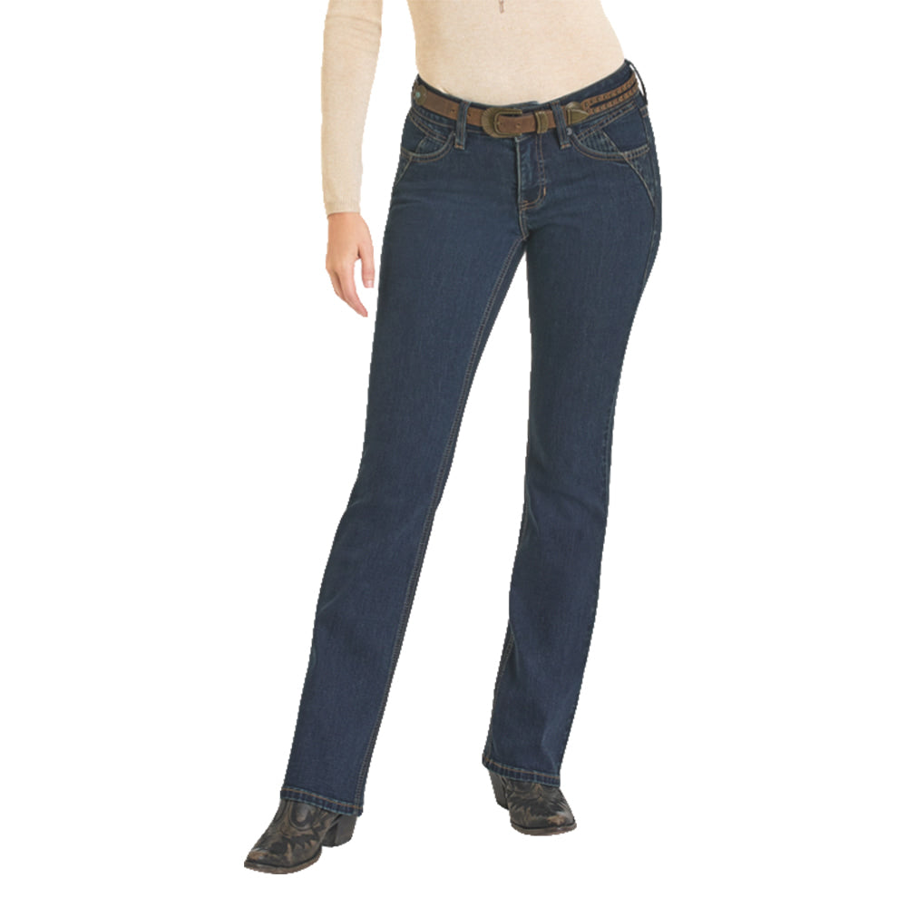 Rock & Roll Cowgirl Apparel Rock & Roll Women's Mid Rise Dark Wash Jacquard Detail Jeans