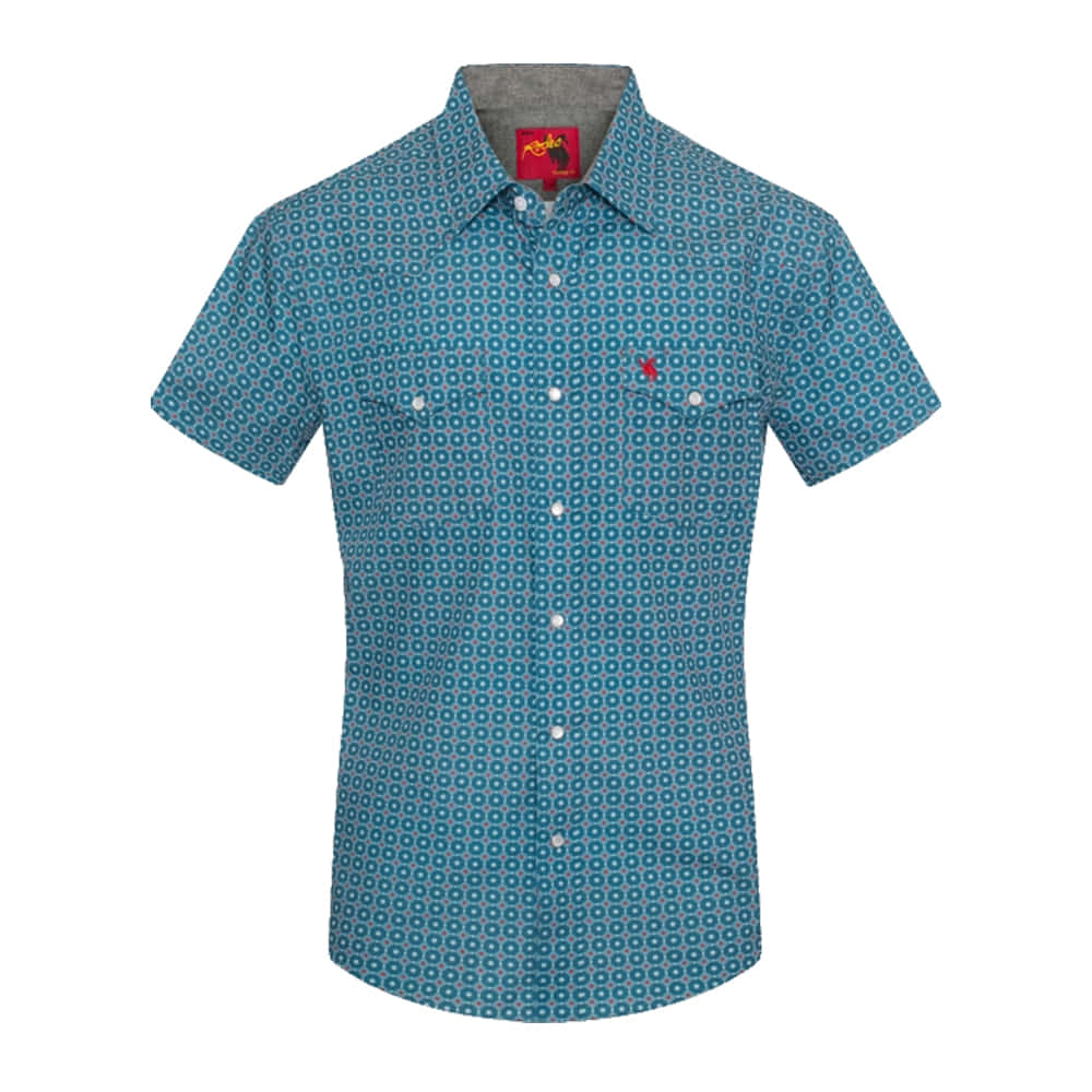 Rodeo Clothing Apparel Rodeo Clothing Men's Blue and Red Short Sleeve Pearl Snap Shirt