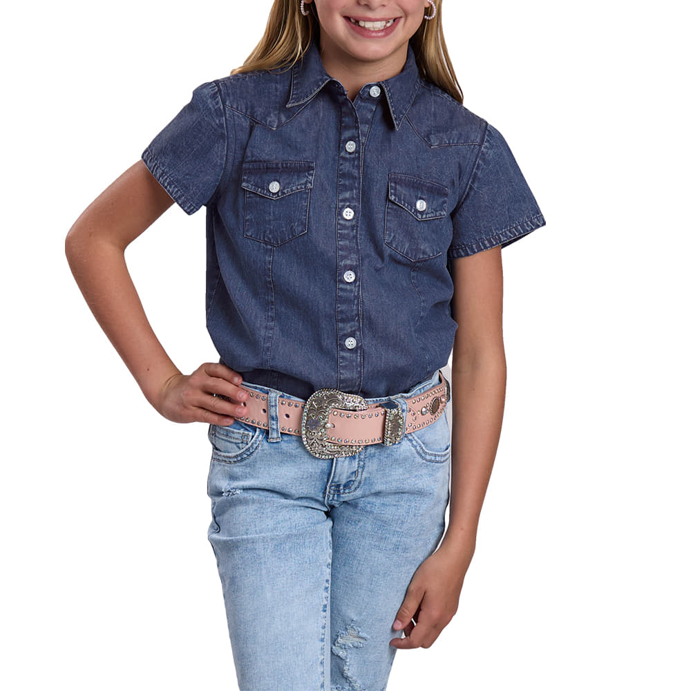Roper Apparel GIRLS DARK DENIM SHORT SLEEVE BUTTON UP SHIRT