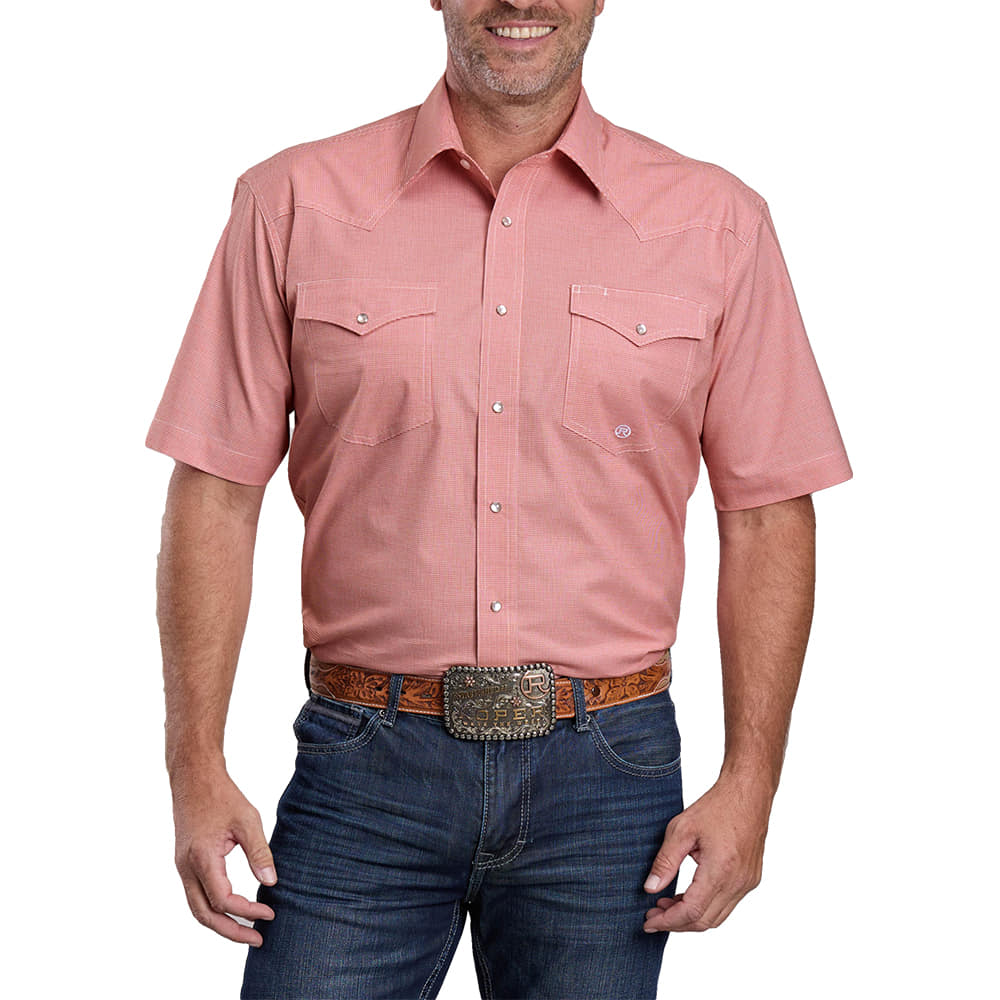 Roper Apparel MENS SHORT SLEEVE DOUBLE POCKET SNAP SHIRT IN ORANGE