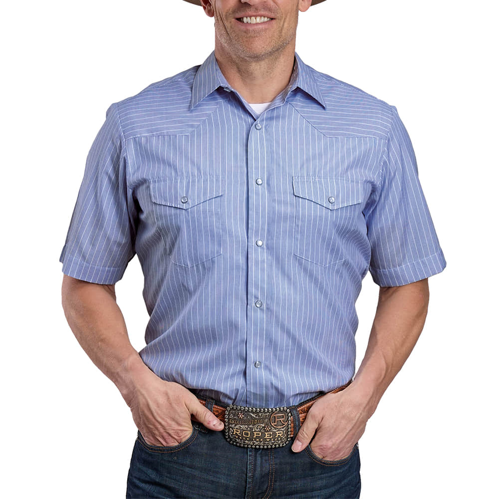 Roper Apparel MENS SHORT SLEEVE STRIPPED SNAP SHIRT IN BLUE