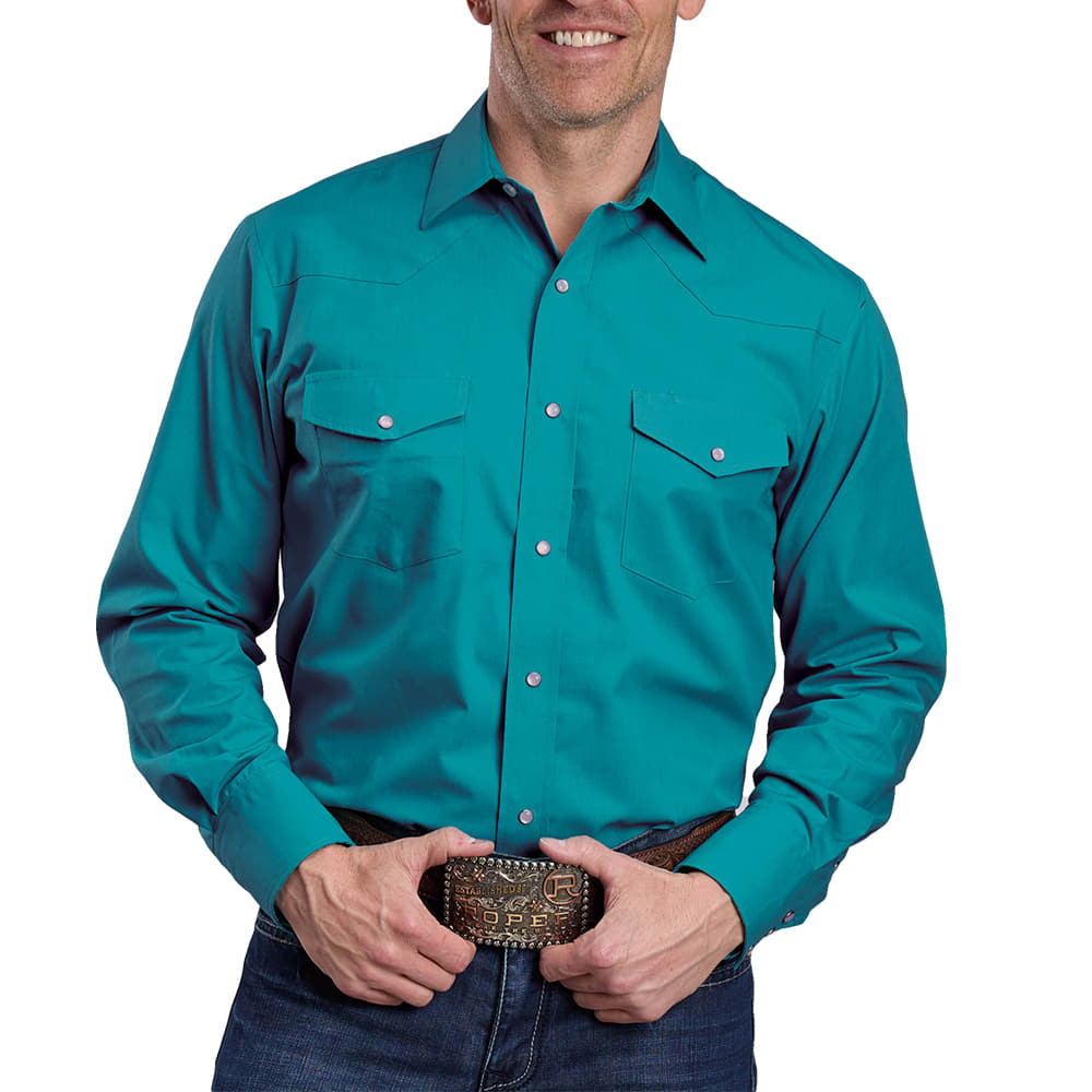 Roper Apparel MENS SOILD LONG SLEEVE SNAP SHIRT IN BLUE
