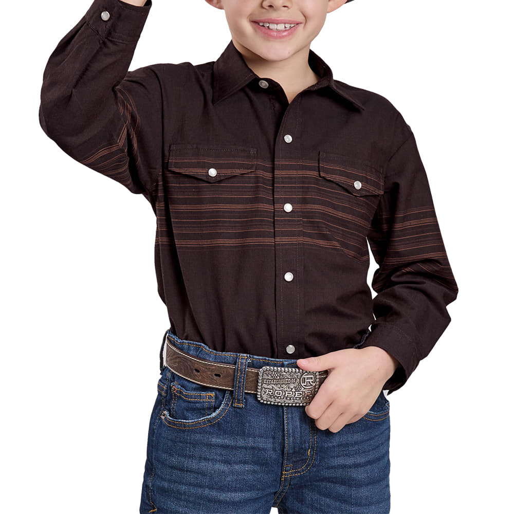 Roper Apparel Roper Boy's Brown Engineered Broder Stripe Long Sleeve Snap Shirt