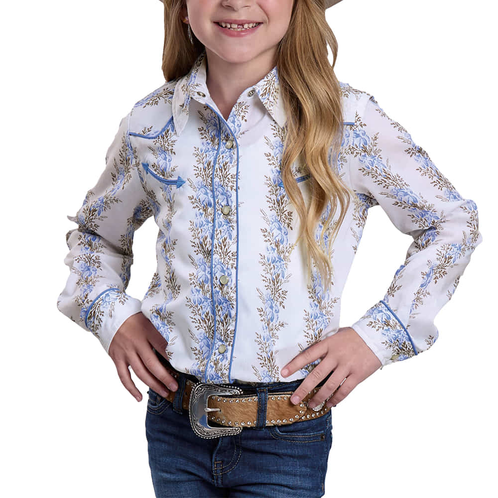 Roper Apparel Roper Girls Floral Long Sleeve Snap Shirt in Blue
