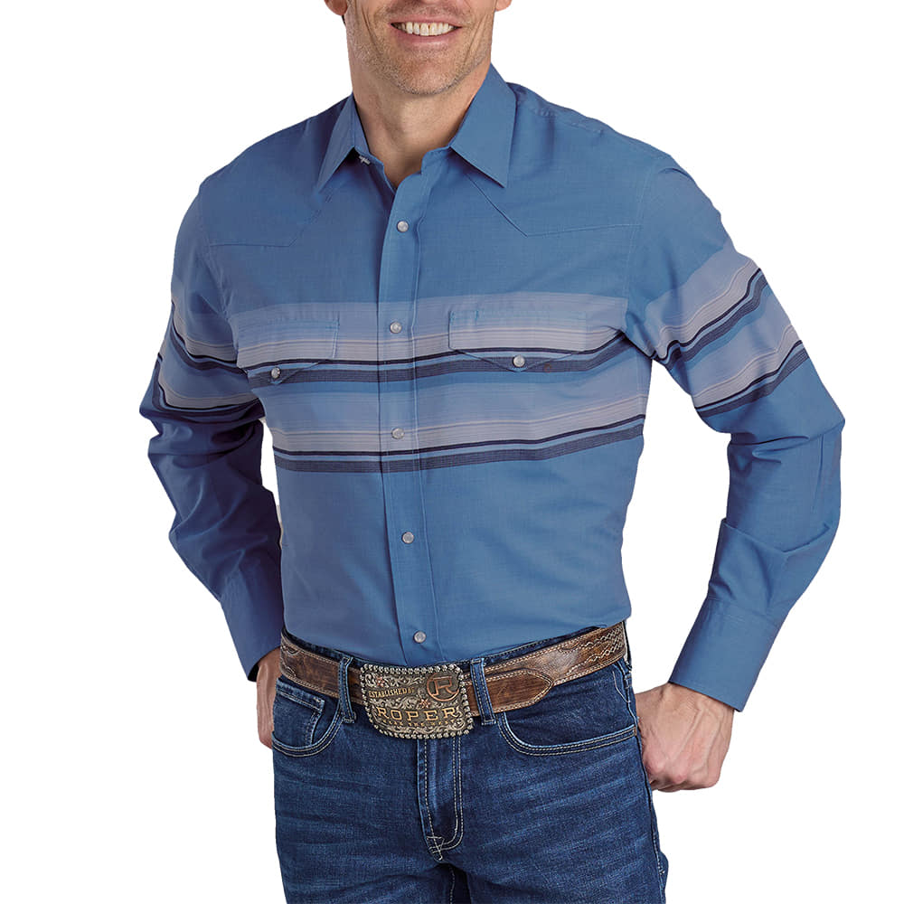Roper Apparel Roper Men's Blue Long Sleeve Border Striped Snap Shirt
