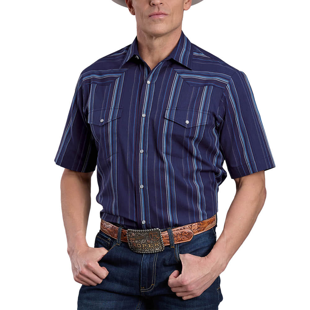 Roper Apparel Roper Men's Striped Blue Short Sleeve Snap Shirt
