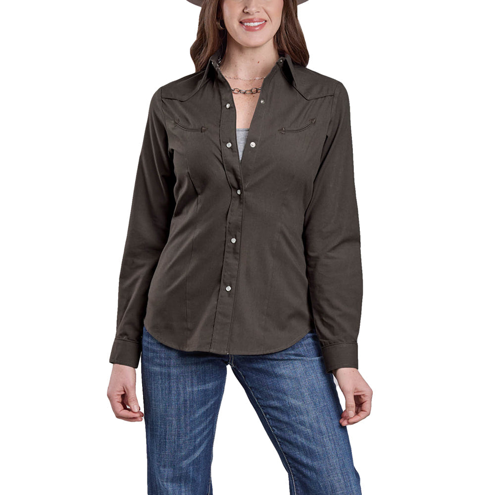 Roper Apparel Roper Solid Poplin Long Sleeve Women's Snap Brown Shirt With Embroidery