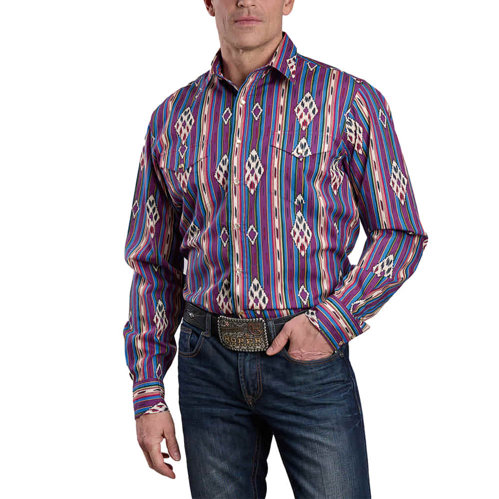 Roper Apparel Roper Vintage Blue Stripe Print Long Sleeve Snap Men's Shirt