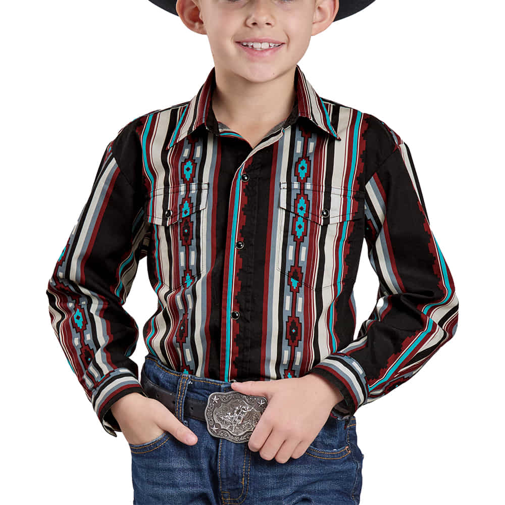 Roper Apparel Roper Vintage Long Sleeve Boy's Stripped Snap Shirt In Black