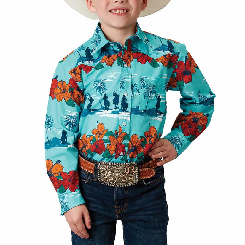 Roper Apparel Roper West Made Collection Hawaiian Print Long Sleeve Pearl Snap Boy's Shirt