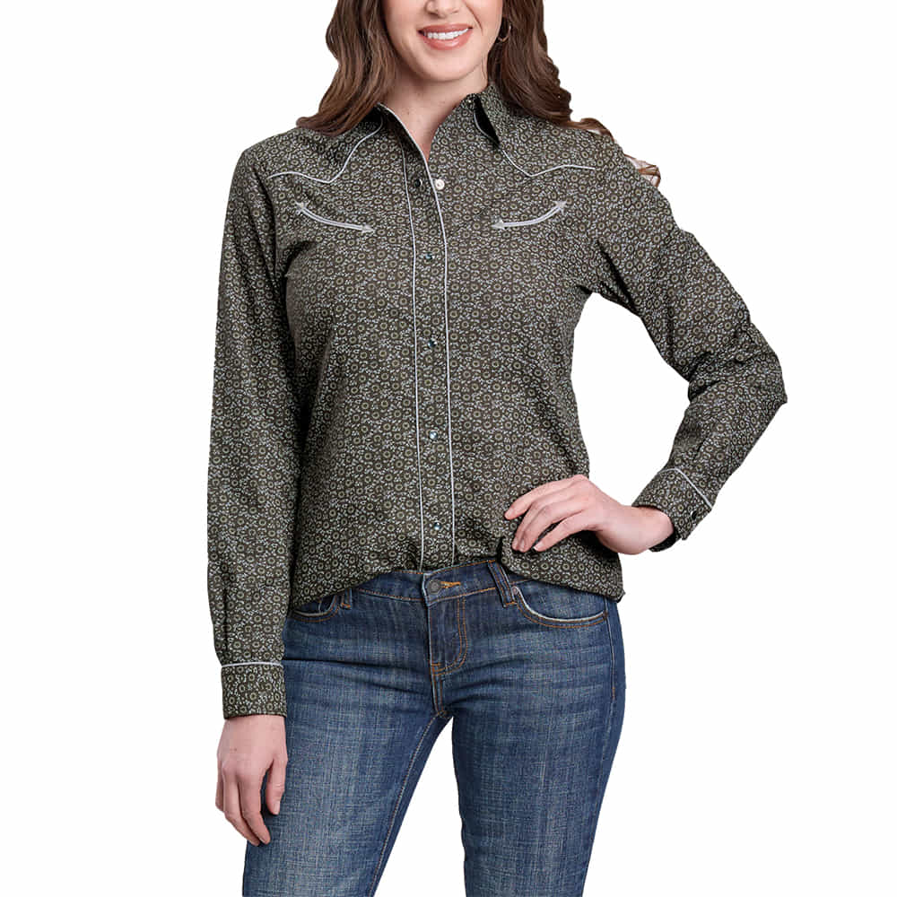 Roper Apparel Roper Women's Green Floral Print Long Sleeve Snap Shirt