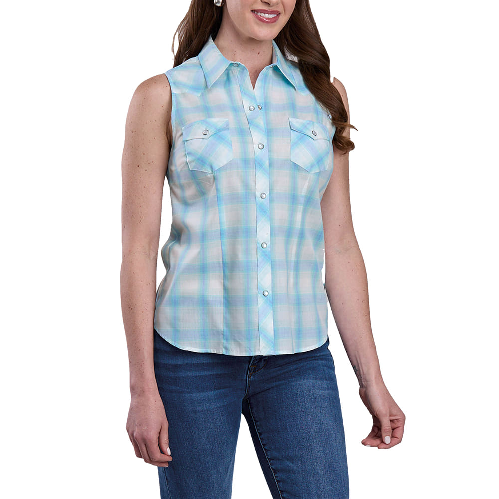 Roper Apparel Roper Women's Western Plaid Snap Sleeveless Shirt in Blue
