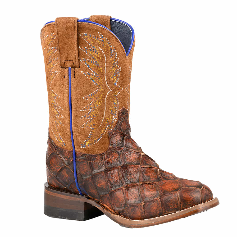 Roper Footwear AMAZON FISH SQUARE TOE EMBOSSED VINTAGE BROWN PIRARUCU VAMP BROWN SUEDE LEATHER