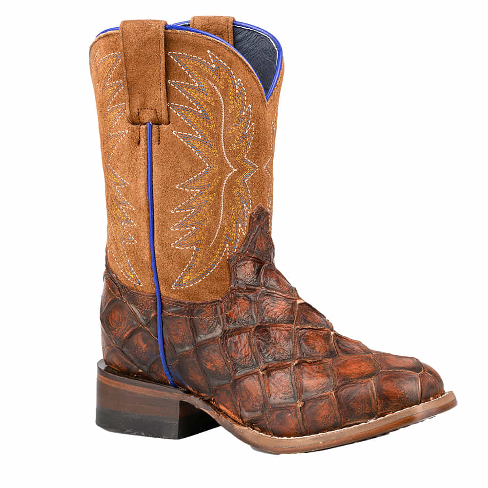 Roper Footwear AMAZON FISH SQUARE TOE EMBOSSED VINTAGE BROWN PIRARUCU VAMP BROWN SUEDE LEATHER