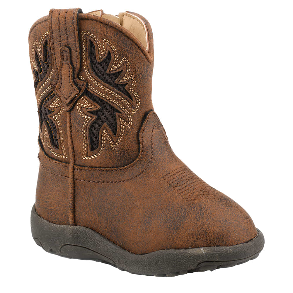 Roper Footwear DRAFTMASTER VINTAGE BROWN LEATHER VAMP SHAFT BROWN MESH WESTERN UNDERLAY DESIG