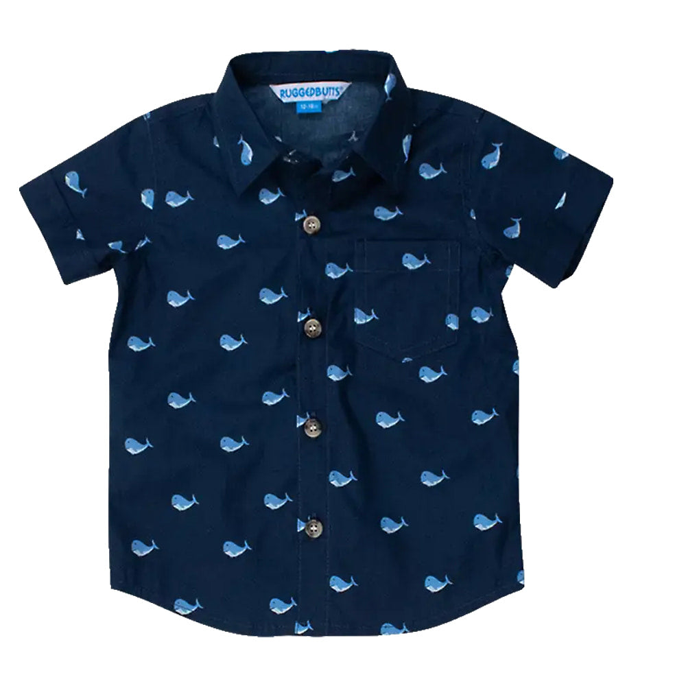 RuffleButts Apparel Ruffle Butts Blue Whale Short Sleeve Button Down Boy's Shirt