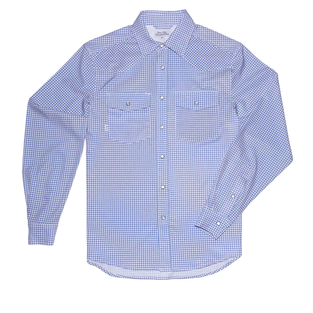 Saltee Outdoors Apparel Saltee Outdoors Men's Long Sleeve Western Pearl Snap Shirt in Blue and White