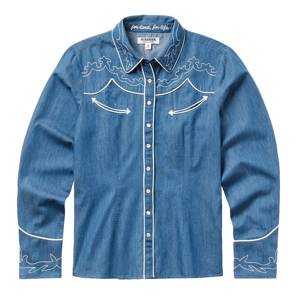 Schaefer Outfitter Apparel WOMENS LONG SLEEVE CHAMBRAY SHIRT IN MEDIUM WASH