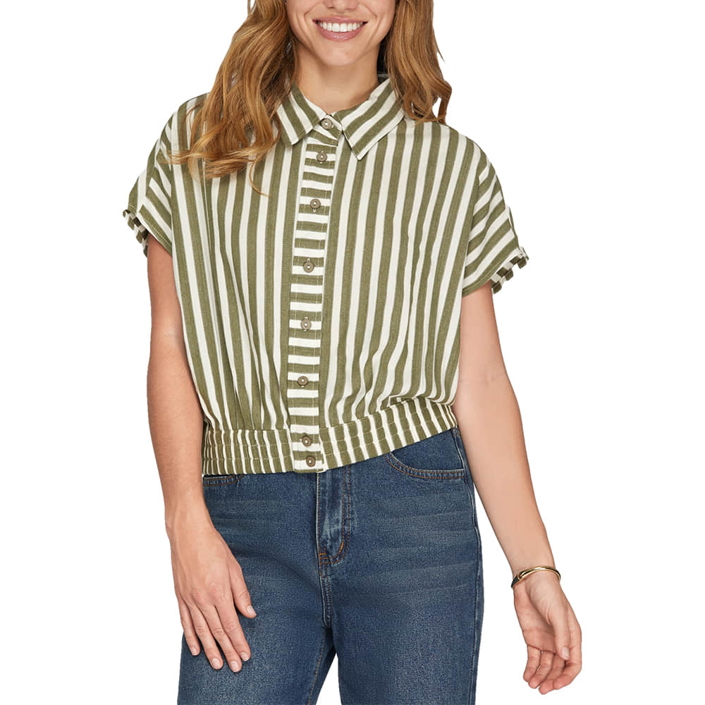 SHE and SKY Apparel Drop Short Sleeve Striped Button Down Crop Top