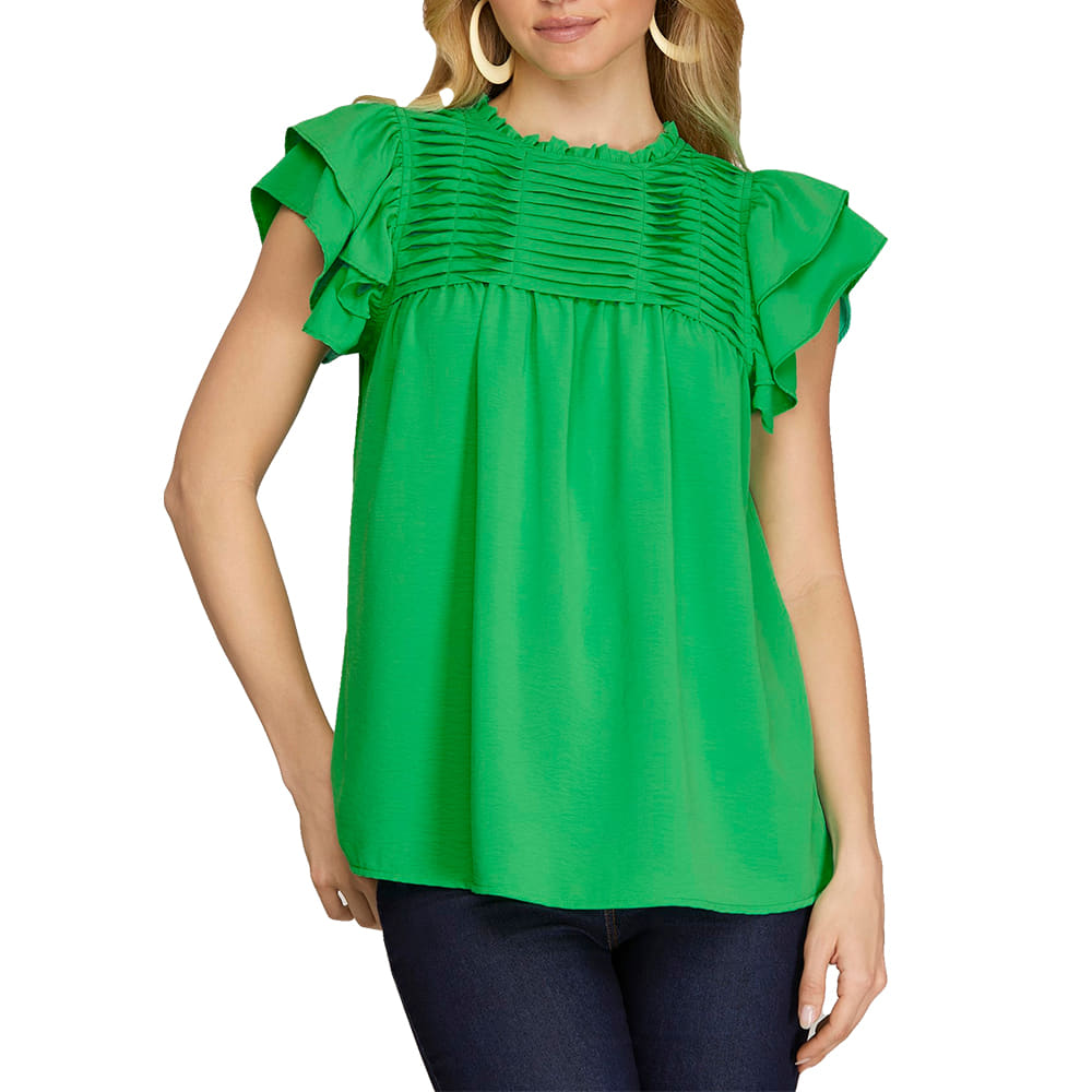 SHE and SKY Apparel Ruffle Sleeve Pleated Blouse