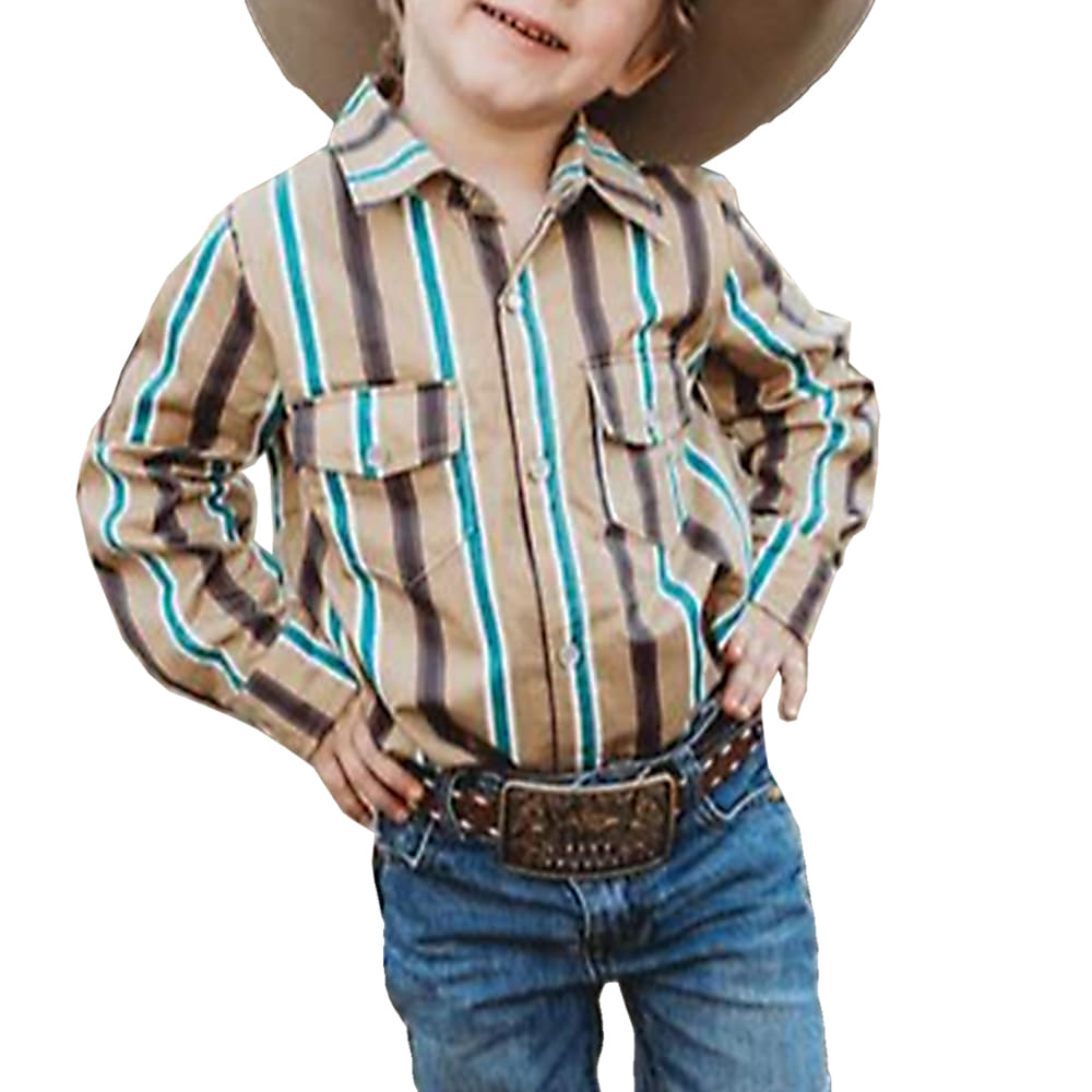 Shea Baby Apparel Shea Baby Pearl Snap Tan Stripe Long Sleeve Boys Vintage Shirt