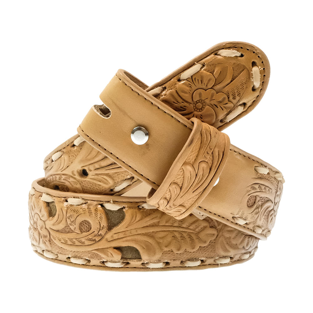 South Texas Tack Apparel Apparel South Texas Tack Floral Embossed Khaki Suede Underlay Buckstitch Belt 1.5"