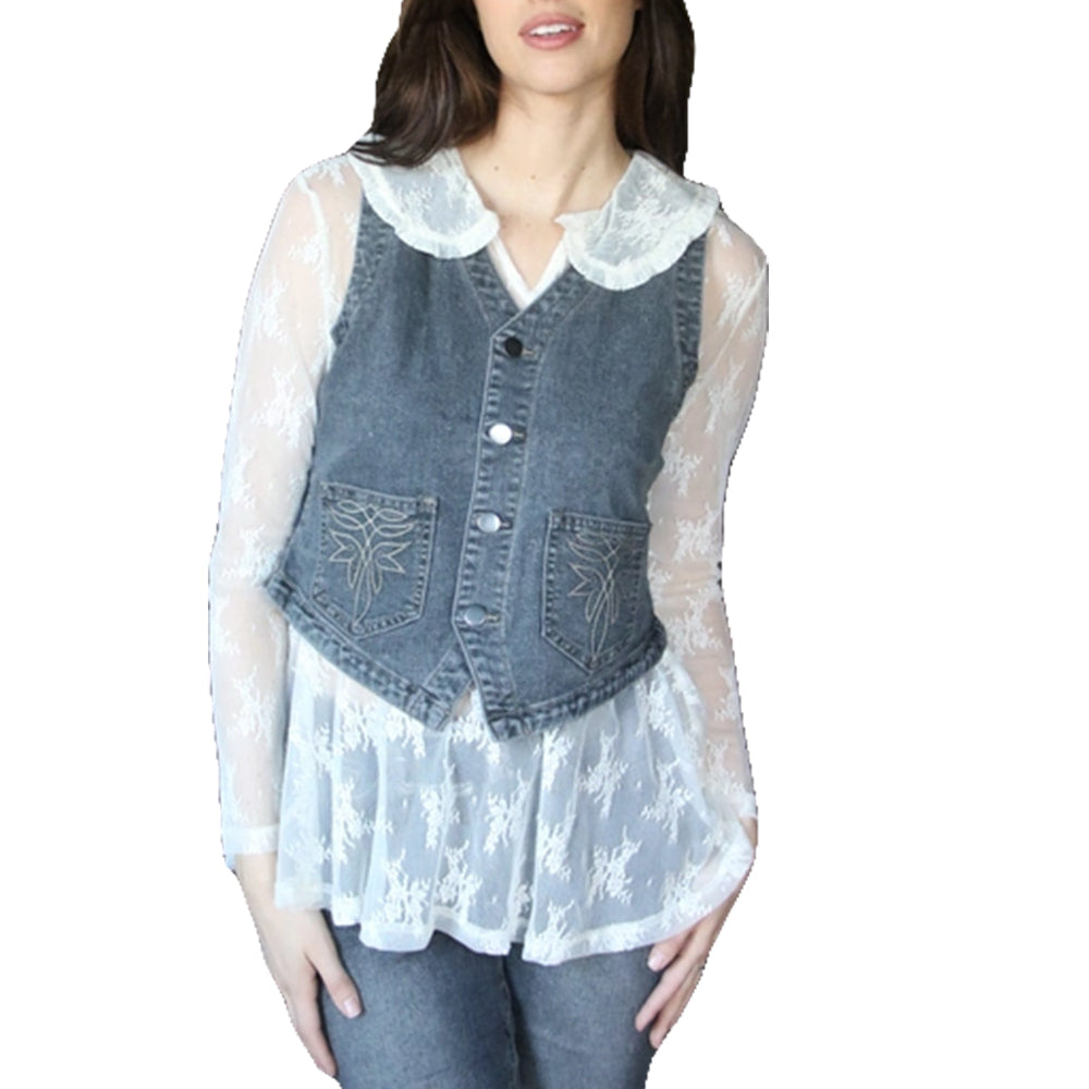 South Texas Tack Apparel Apparel Turquoise Haven Women's Washed Black Denim with Embroidered Pocket Vest