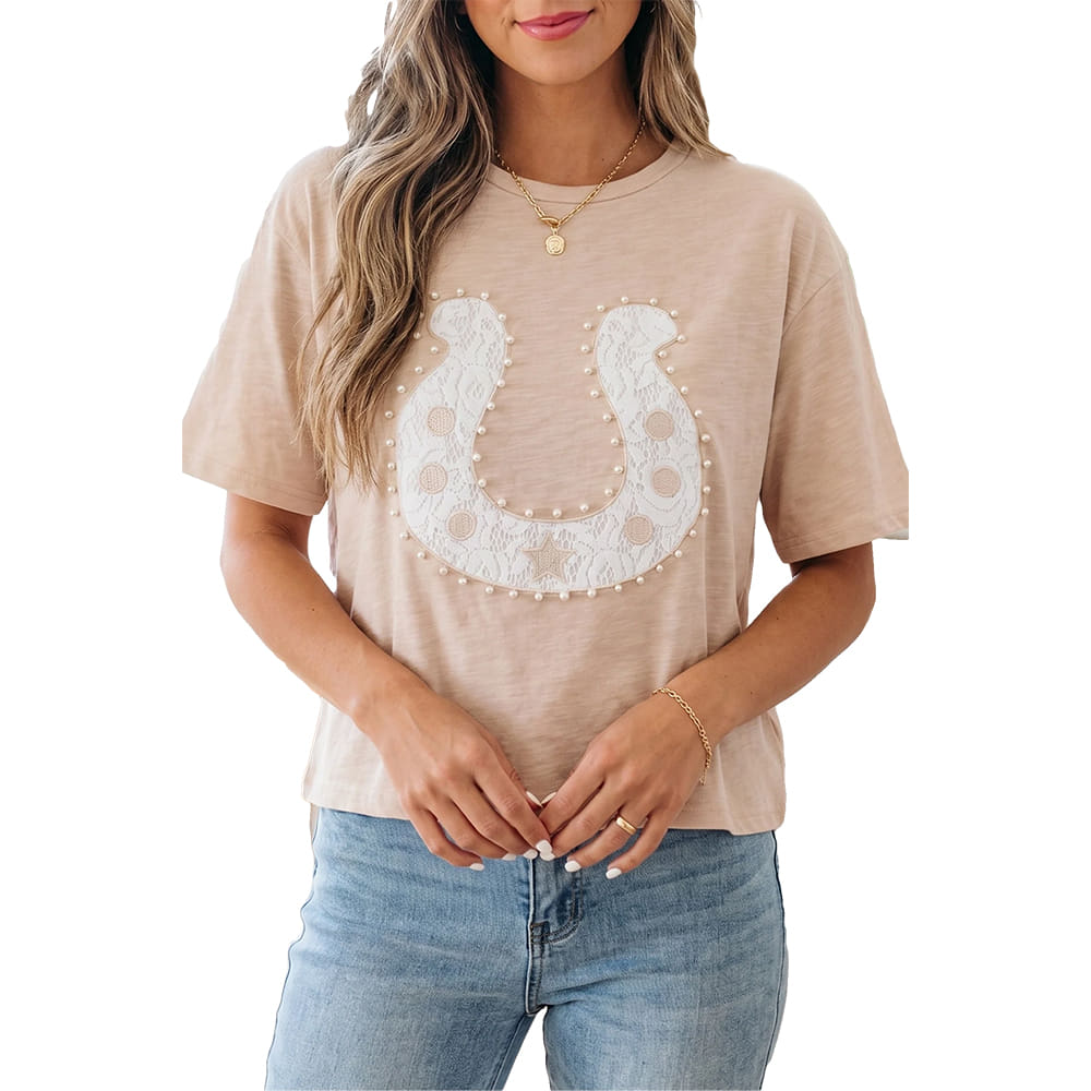 South Texas Tack Apparel Apparel Western Lace Pearled Decor Horse Shoe T Shirt