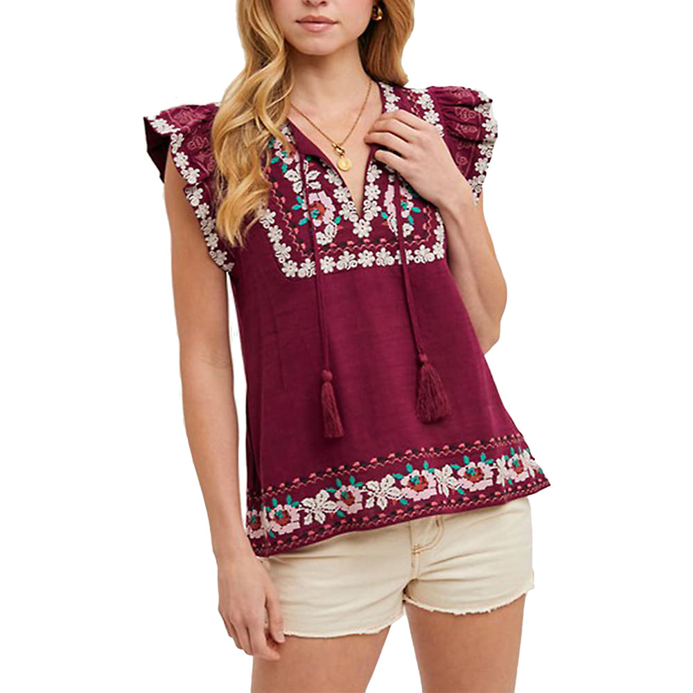 South Texas Tack Apparel Boho Embroidered Ruffled Sleeve Drawstring Top