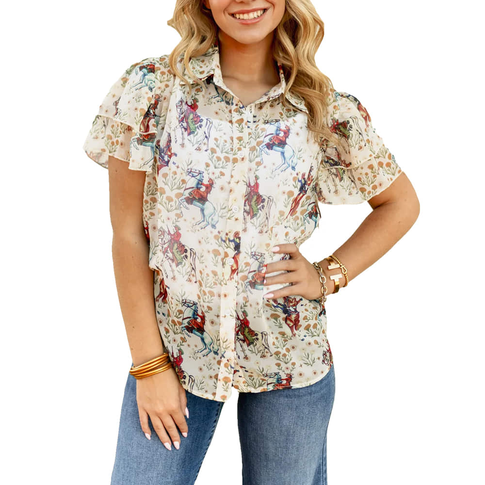 South Texas Tack Apparel Ivory Cowboy Double Flutter Blouse