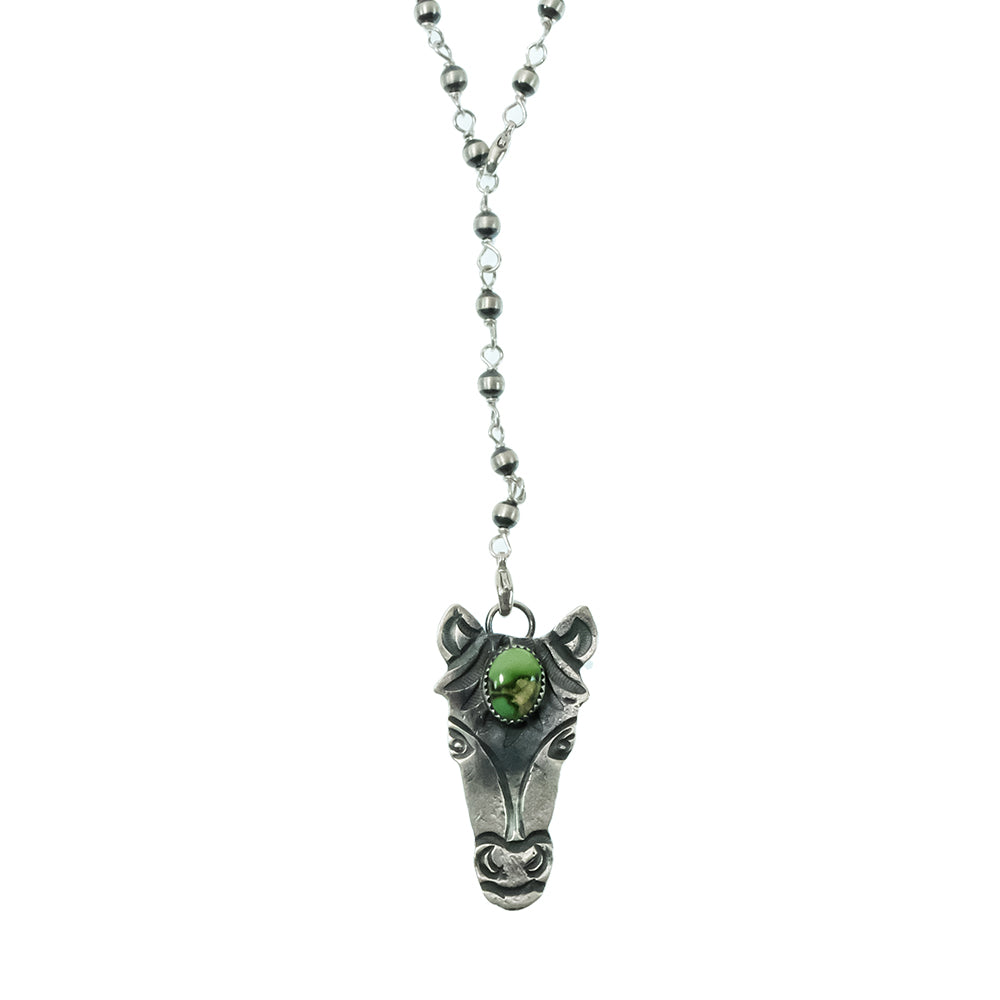 South Texas Tack Apparel Jewelry 15 Inch Oxidized Bead Chain with Billah Horse head with Turquoise Pendant