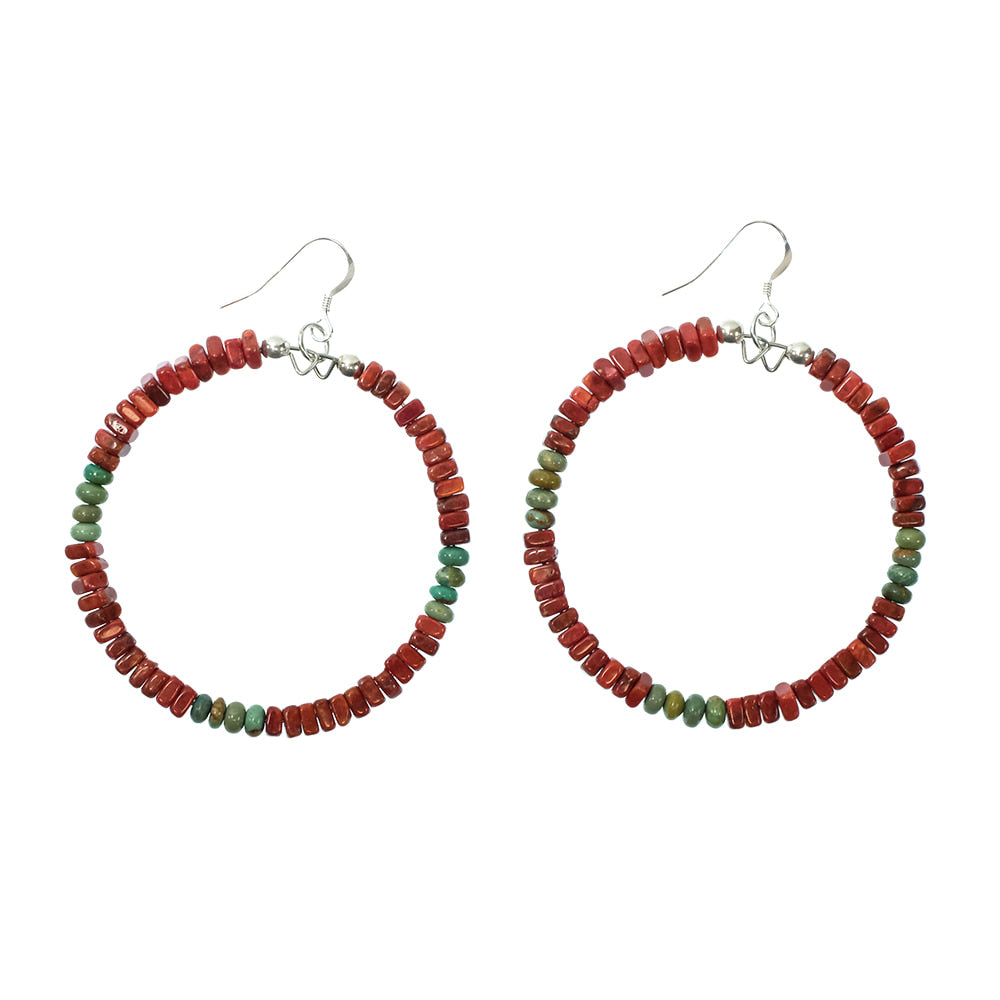 South Texas Tack Apparel Jewelry Coral/Turquoise South Texas Tack Native American Navajo Sterling Silver Turquoise Coral Hoop Dangling Earrings