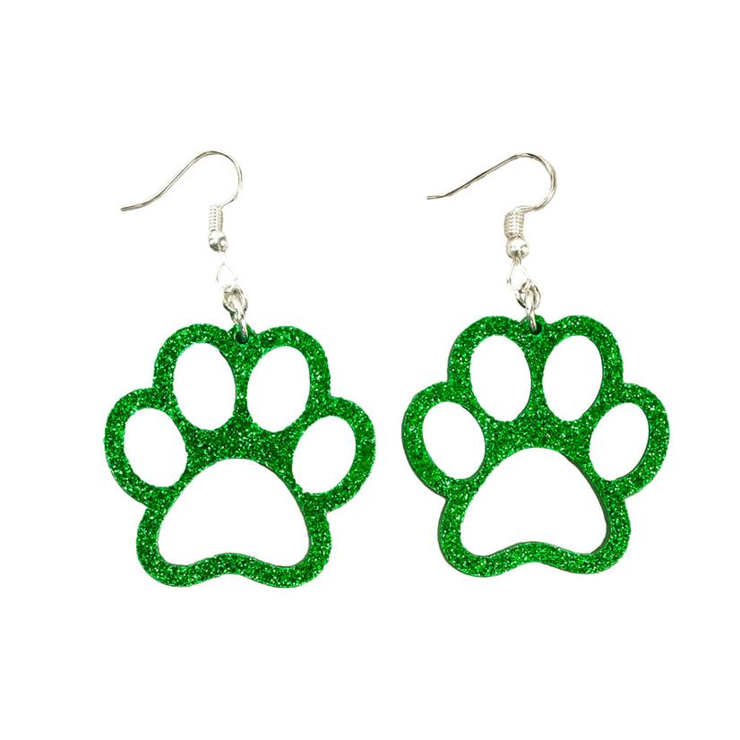 South Texas Tack Apparel Jewelry Green Fay Co Glitter Paw Print Earrings