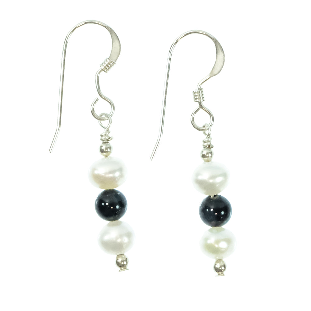 South Texas Tack Apparel Jewelry Onyx/Pearl Pearl And Onyx Dangle Fish Hook Back Earrings
