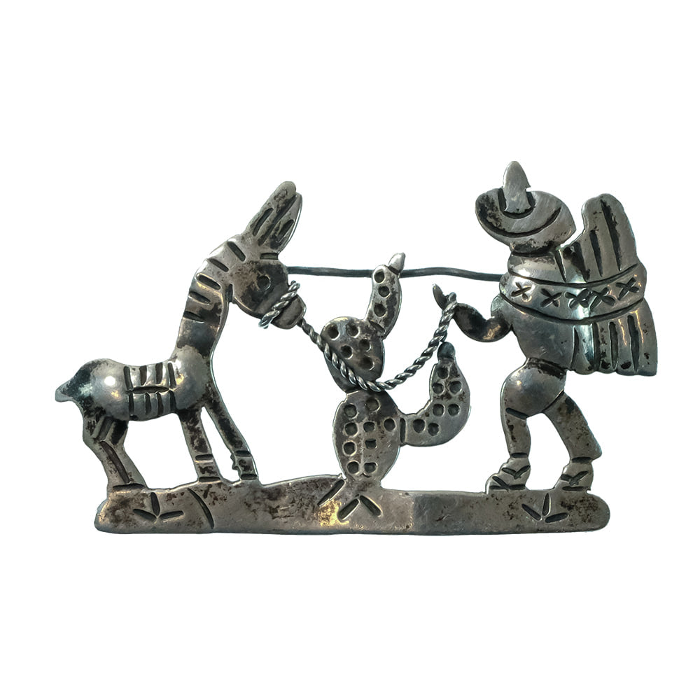South Texas Tack Apparel Jewelry Silver 1930/1940S Man With Donkey And Mexico Cactus Pin In Sterling Silver