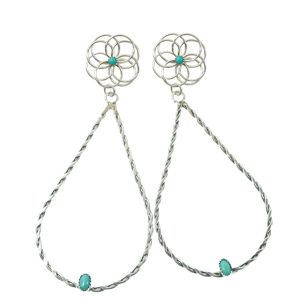 South Texas Tack Apparel Jewelry Silver Nelson Leonard Native American Navajo Sterling Silver Twisted Teardrop Turquoise Earrings