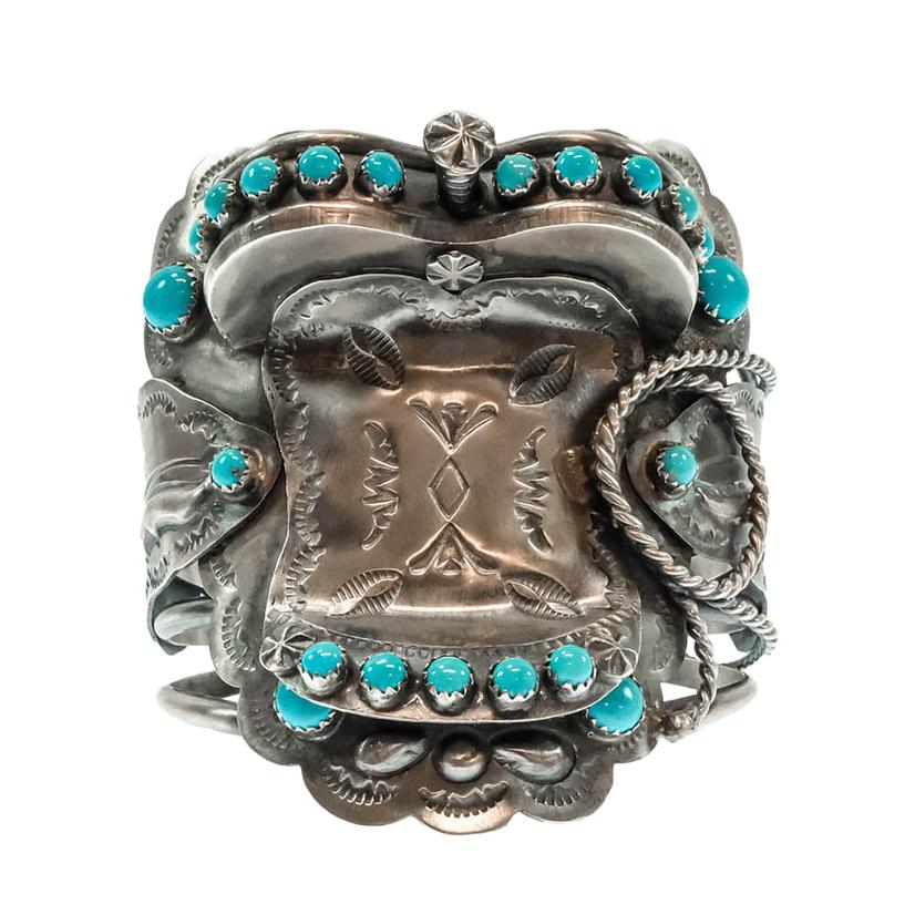 Native American Sterling Silver Saddle Turquoise Bracelet Cuff by