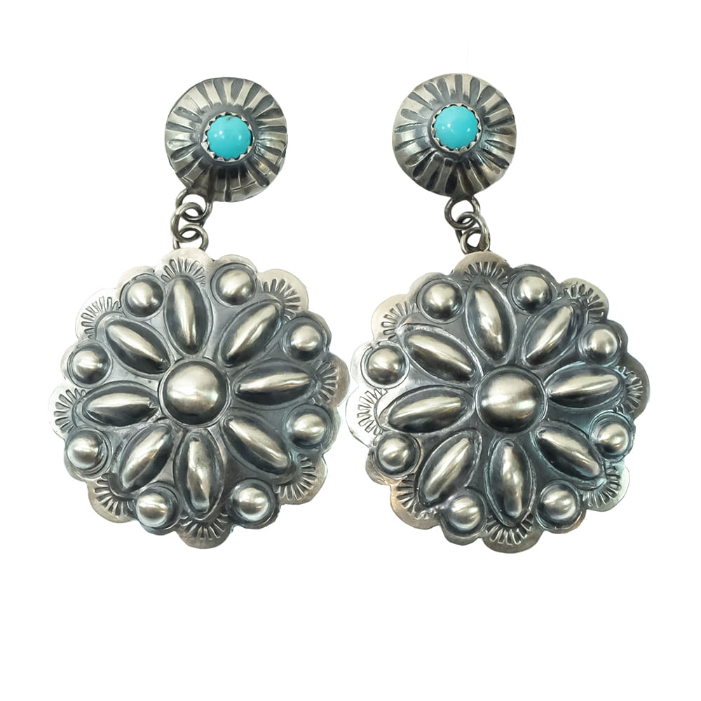 South Texas Tack Apparel Jewelry Turquoise/Silver Gabriela Yazzie Native American Navajo Sterling Silver Turquoise Conchos/Dangle T Earrings