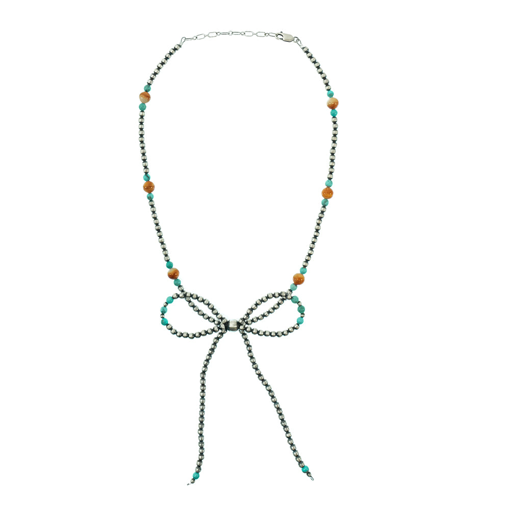 South Texas Tack Apparel Jewelry Turquoise/Spiny Oyster Oxidized Bead Bow Necklace With Turquoise And Spiny Oyster 16"