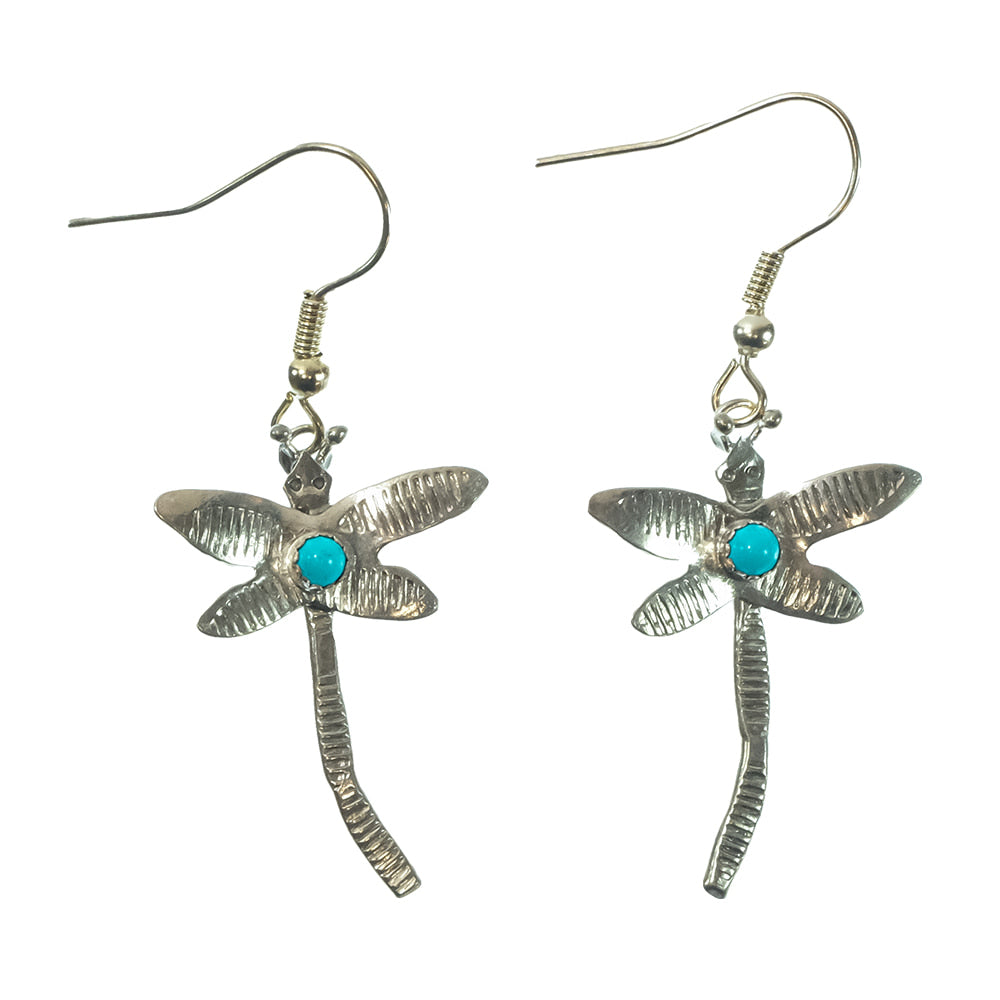 South Texas Tack Apparel Jewelry Turquoise Sterling Silver Dragonfly With Turquoise Stone Dangle Earrings