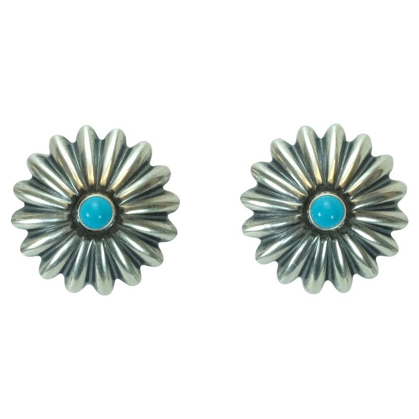 South Texas Tack Apparel Jewelry Turquoise Sterling Silver Skinny Aster Concho with Turquoise Stone Earrings