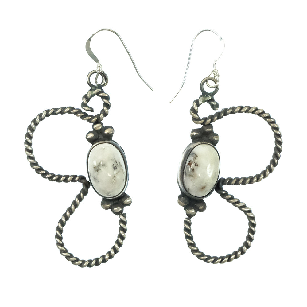 South Texas Tack Apparel Jewelry White Buffalo L.A. Jr Native American Navajo Sterling Silver White Buffalo Butterfly Design Dangling Earrings