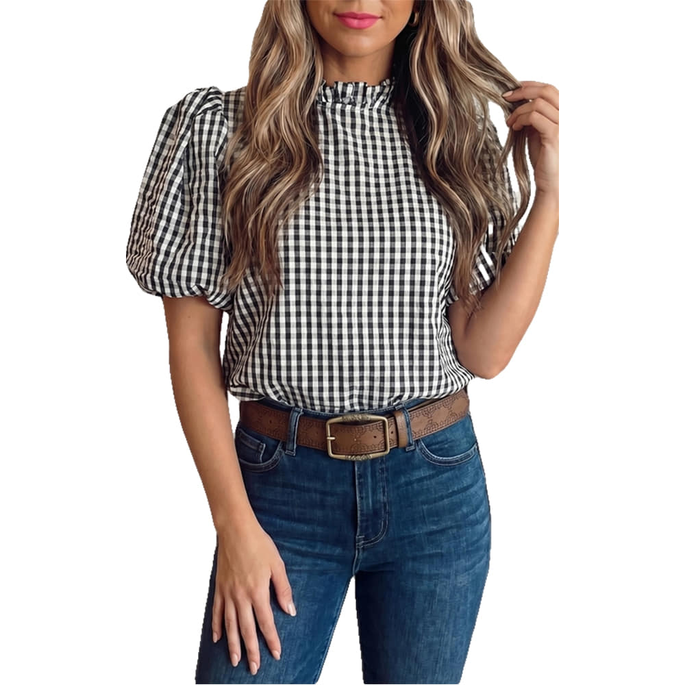 South Texas Tack Apparel Plaid Short Puff Sleeve Frilled Neck Blouse